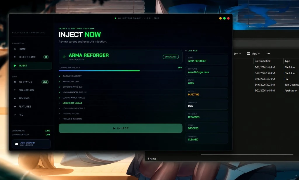 ARMA Reforger cheat loader — inject menu with ESP modules and BattlEye bypass status